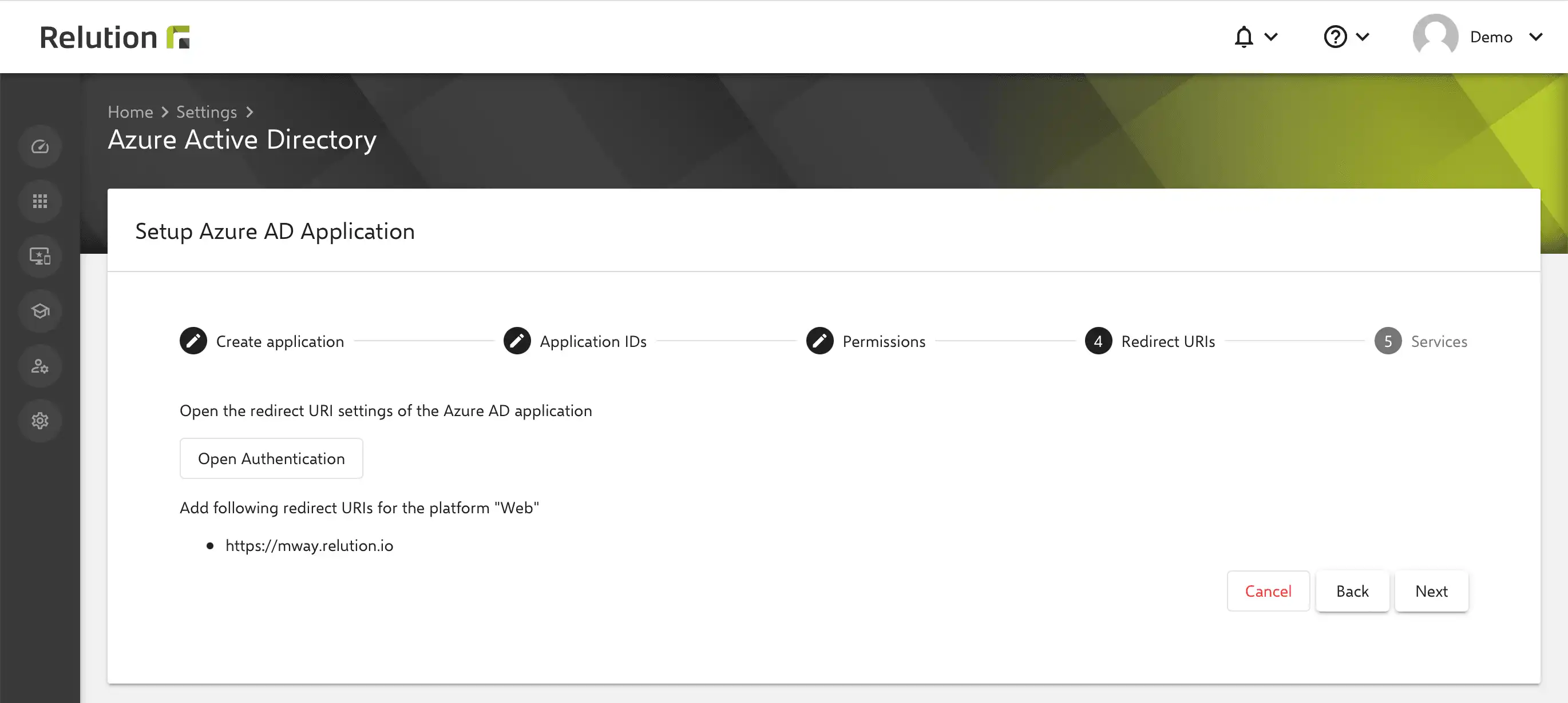Visualización de información y entradas en Relution necesarias para la configuración en Azure