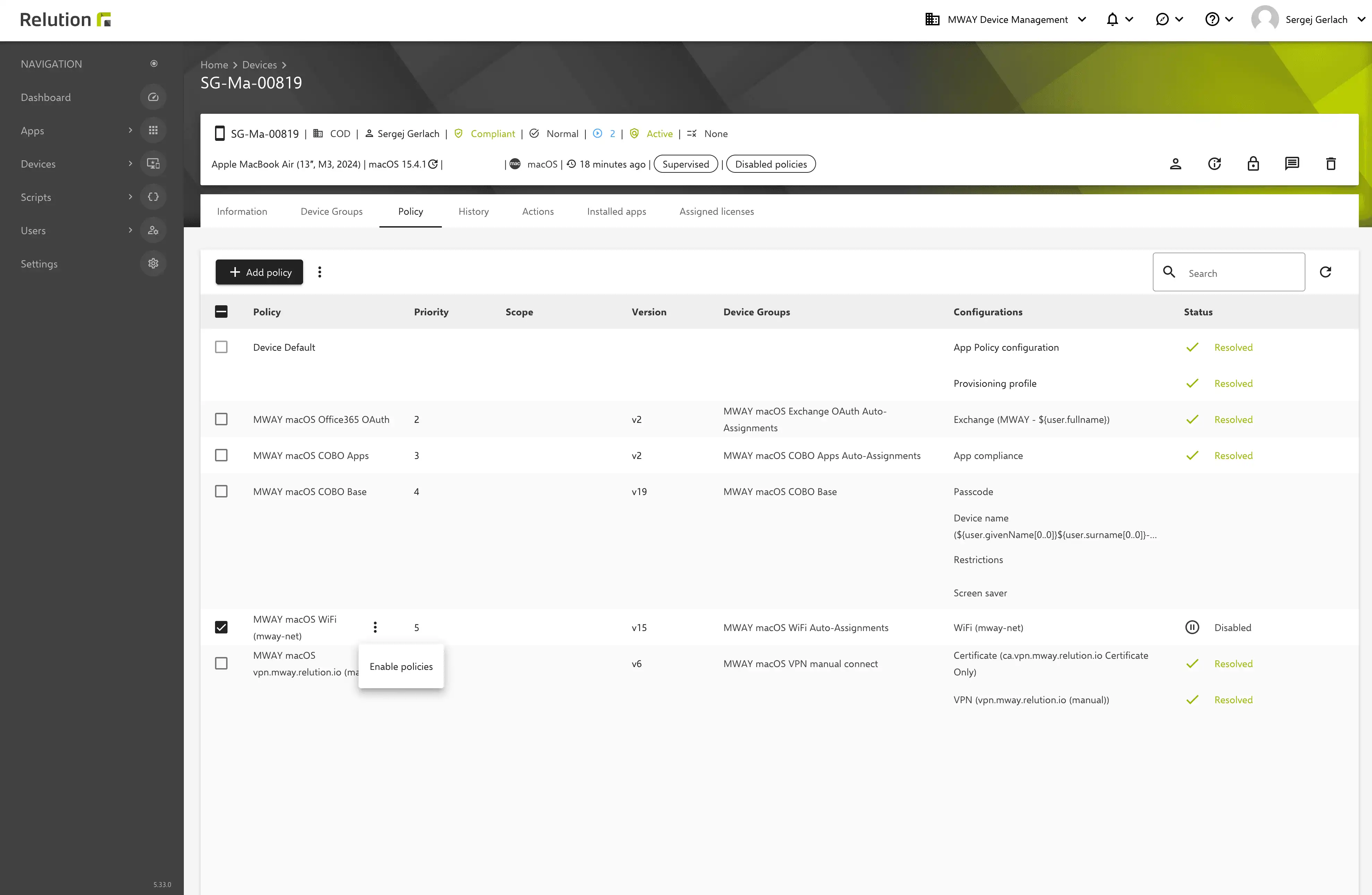 View in Relution showing the option to enable or disable individual or all policies on a device, with filters for active and inactive policies in the inventory and policy view.