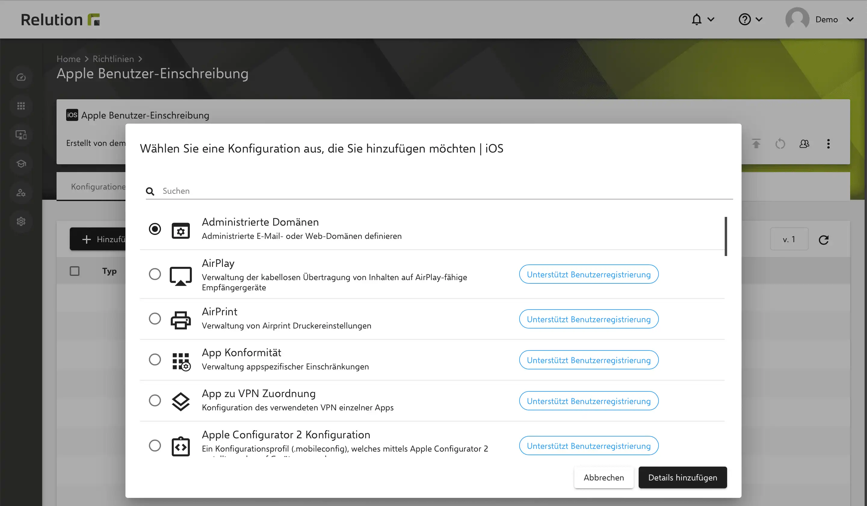 Screenshot einer Konfiguration in Relution mit dem Badge „Unterstützt Benutzerregistrierung“ für private Apple-Geräte