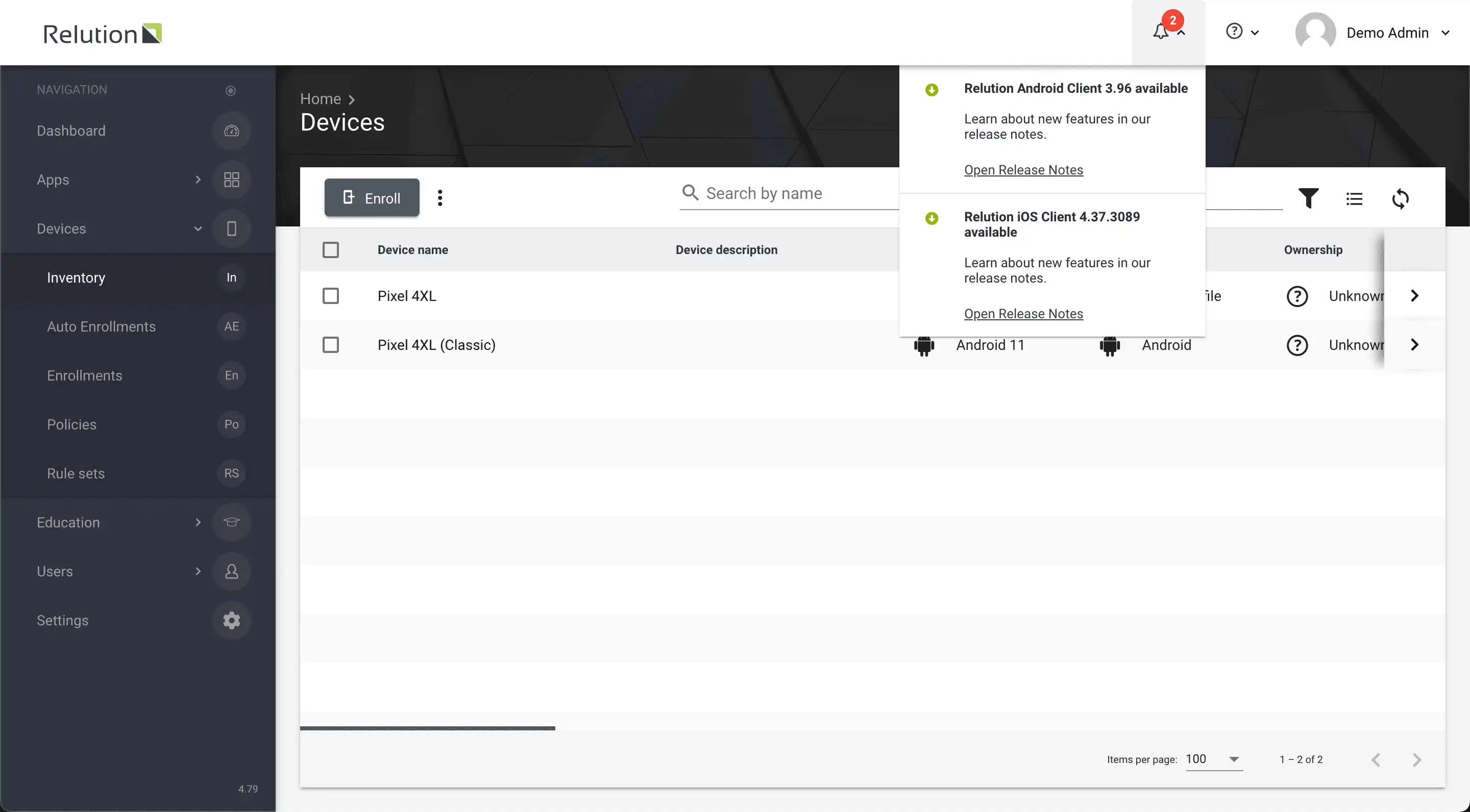 Notification in the Relution portal about new client versions for iOS and Android with a link to release notes