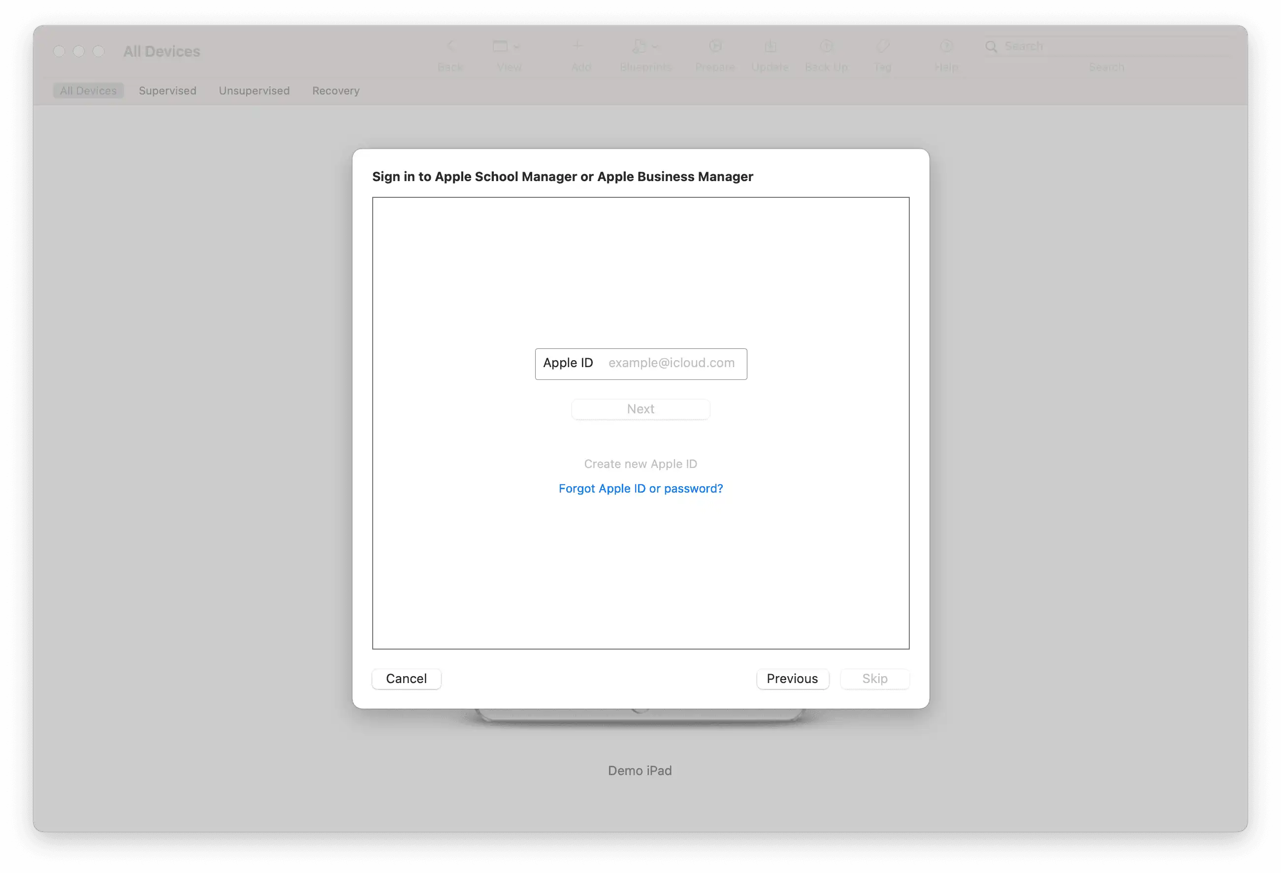 Representación de la conexión al servidor DEP de Apple con la introducción del ID de Apple y la contraseña para la cuenta correspondiente en Apple Business Manager o Apple School Manager