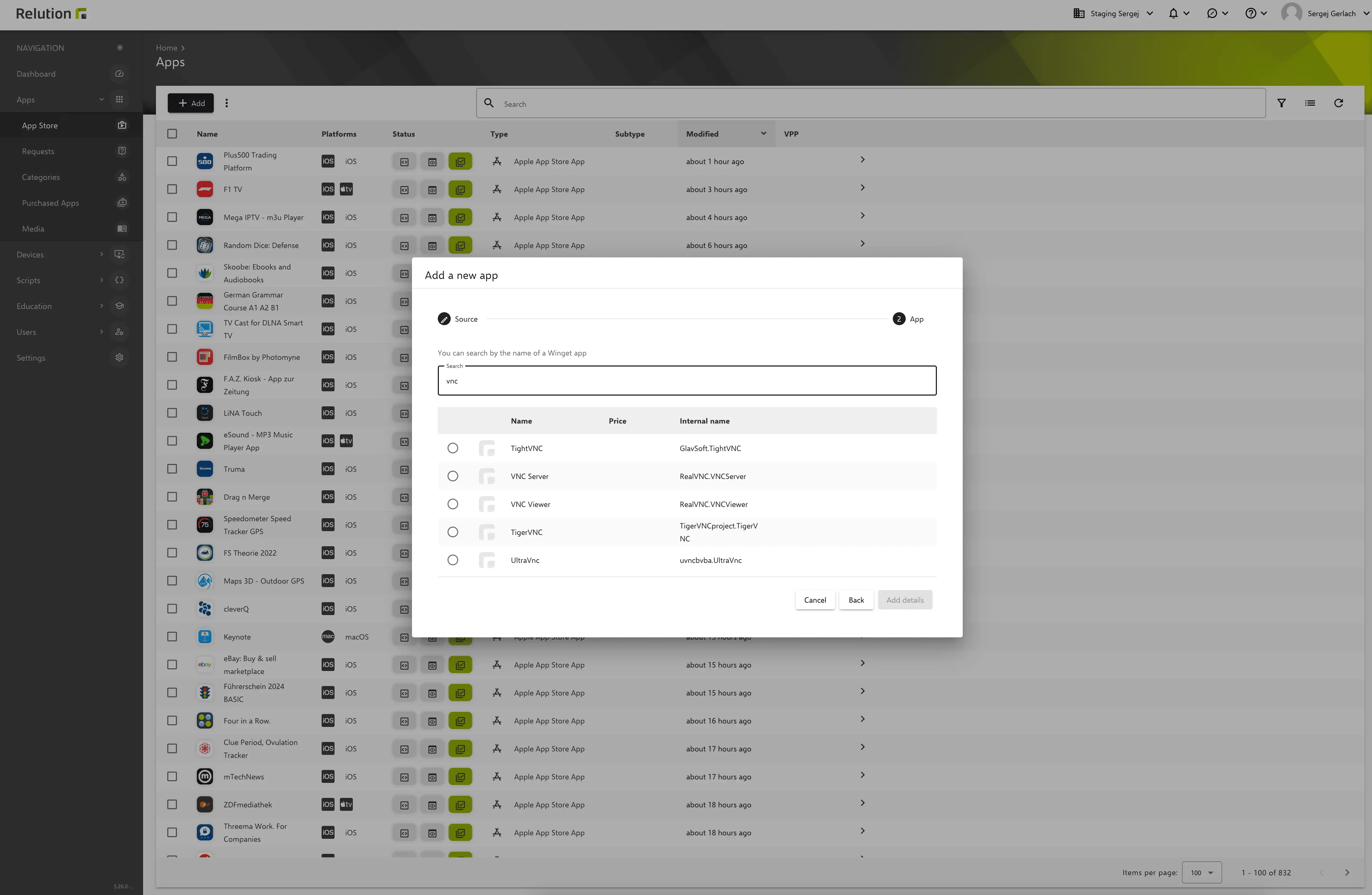 Display in the Relution App Store showing the "Winget Store App" entry with a search bar to filter and browse applications from the Winget catalog