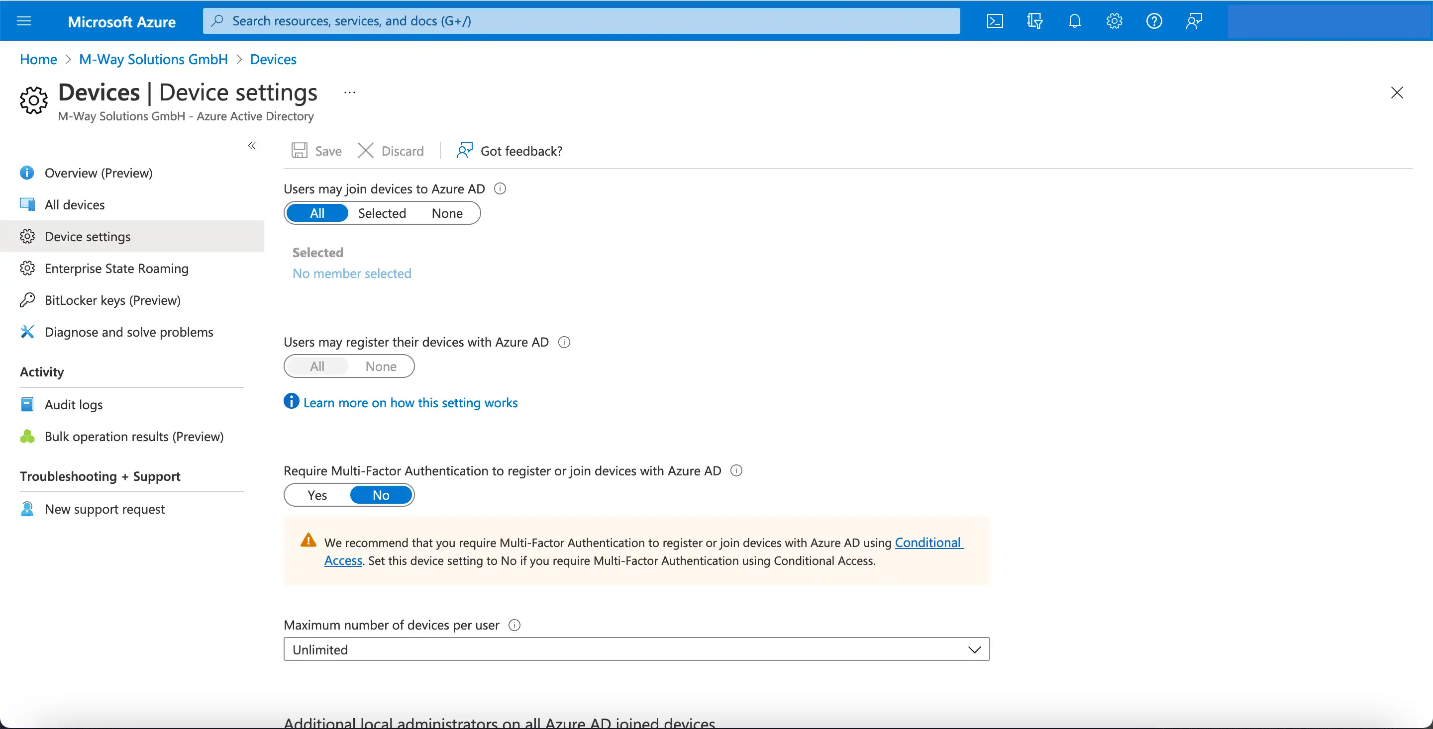 Vista en Microsoft Azure en Dispositivos y Configuración de dispositivos con opciones para vinculación de dispositivos, registro y el número máximo de dispositivos por usuario