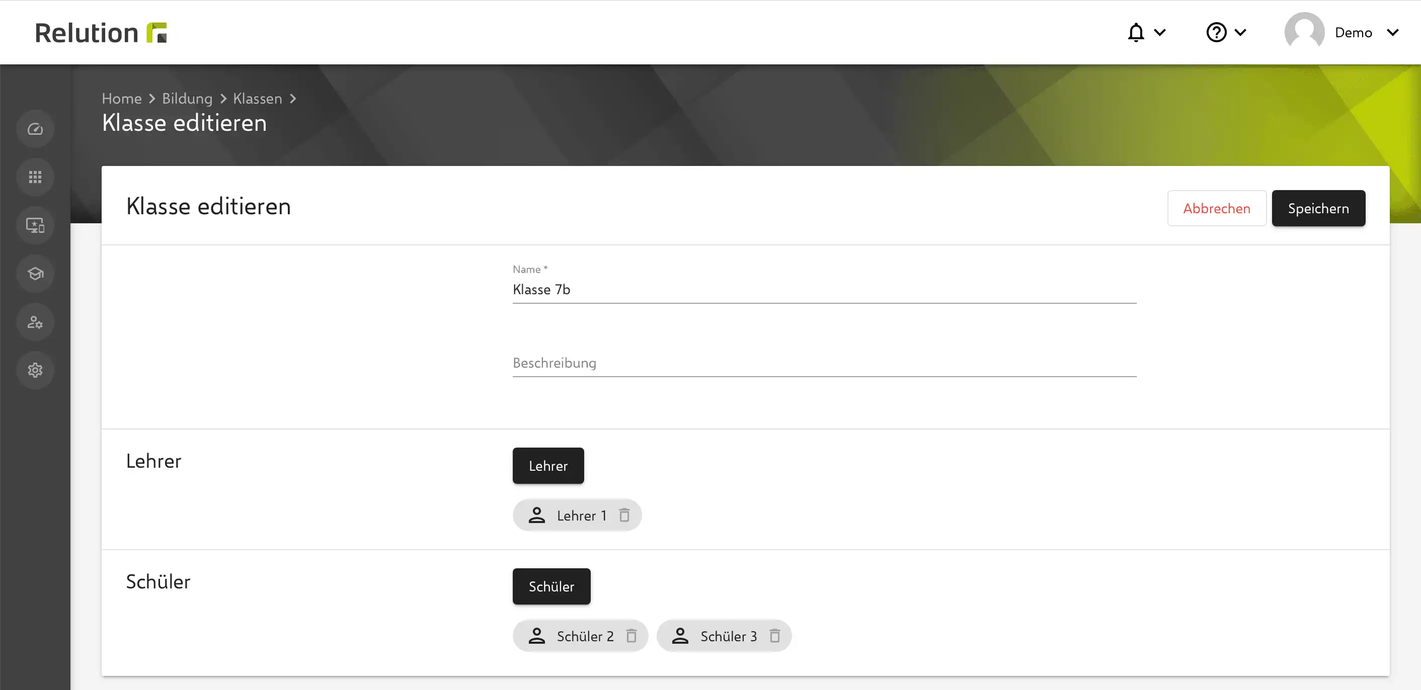 Bearbeitungsansicht einer Klasse im Relution Portal mit Einträgen zu Lehrkräften und Schülern