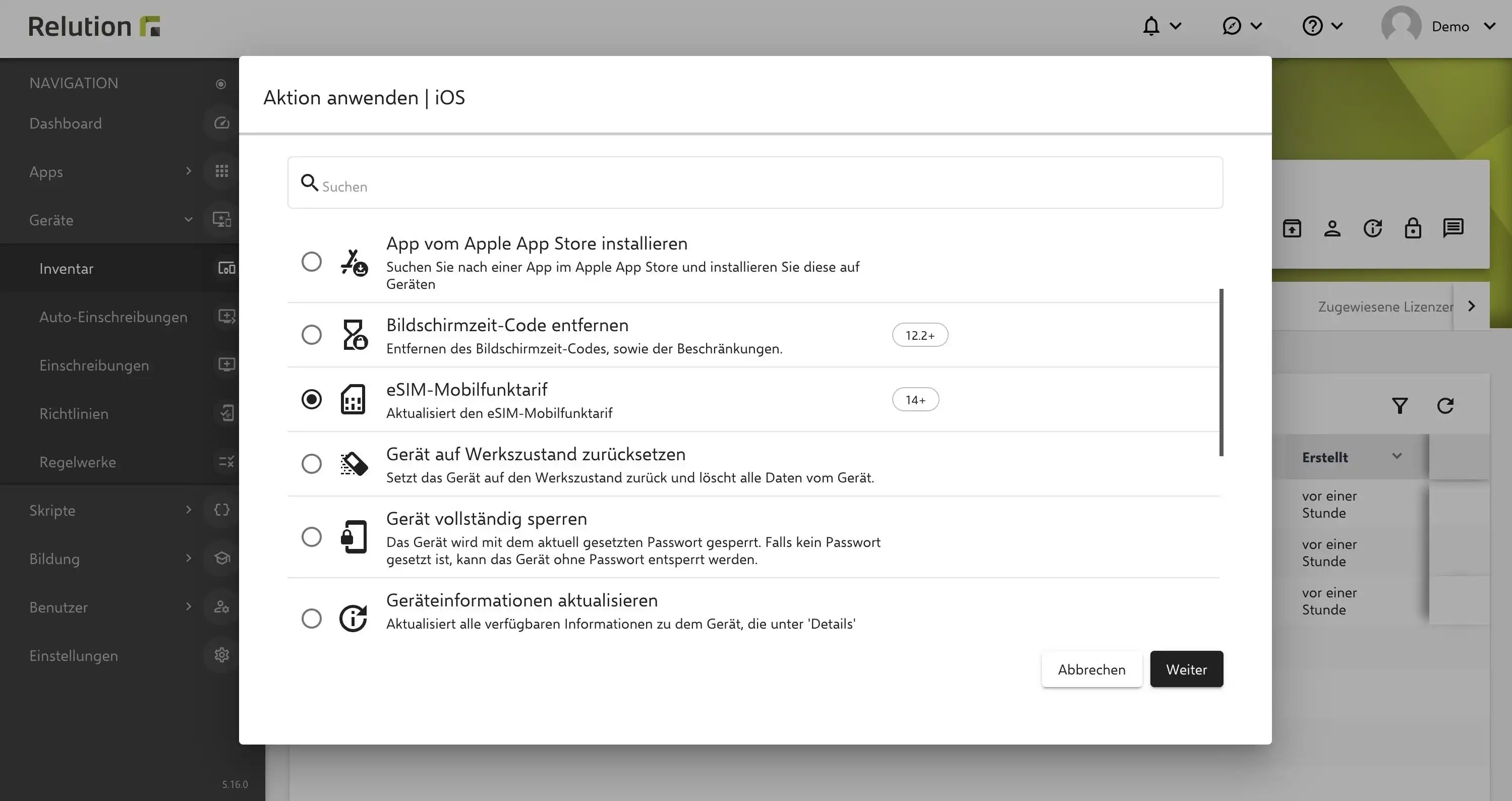 Relution Aktion „eSIM-Mobilfunktarif“ zur automatischen Konfiguration einer eSIM auf iOS-Geräten