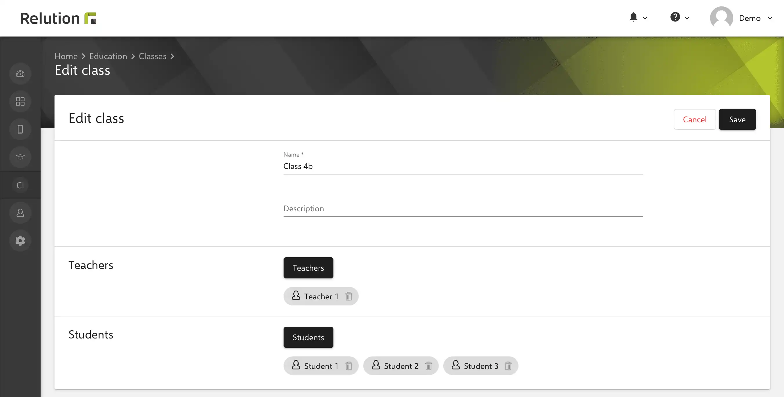 Vista di configurazione in Relution per l'utilizzo dell'app "Samsung Classroom Management" con la creazione di classi e l'assegnazione dei dispositivi di insegnanti e studenti