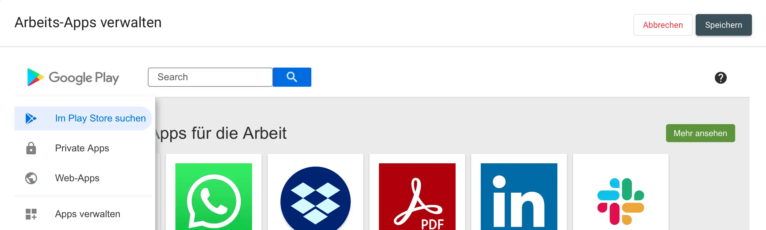 Menüansicht in Relution mit der Option zur Auswahl und Installation von „Private Apps“ auf Android Enterprise Geräten