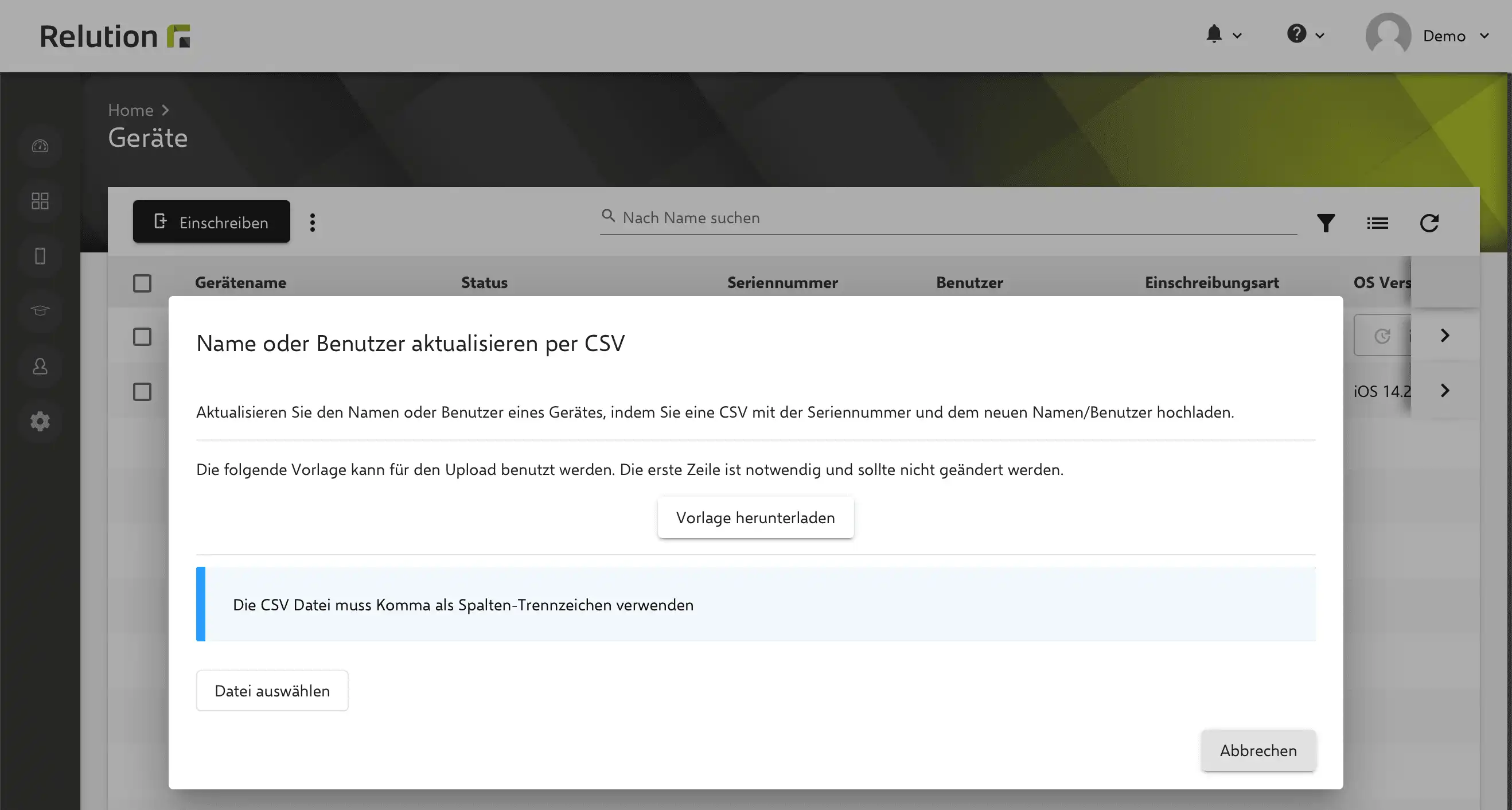 CSV-Upload-Ansicht in Relution zur Aktualisierung von Gerätenamen und Benutzer-E-Mails basierend auf spezifischen Regeln