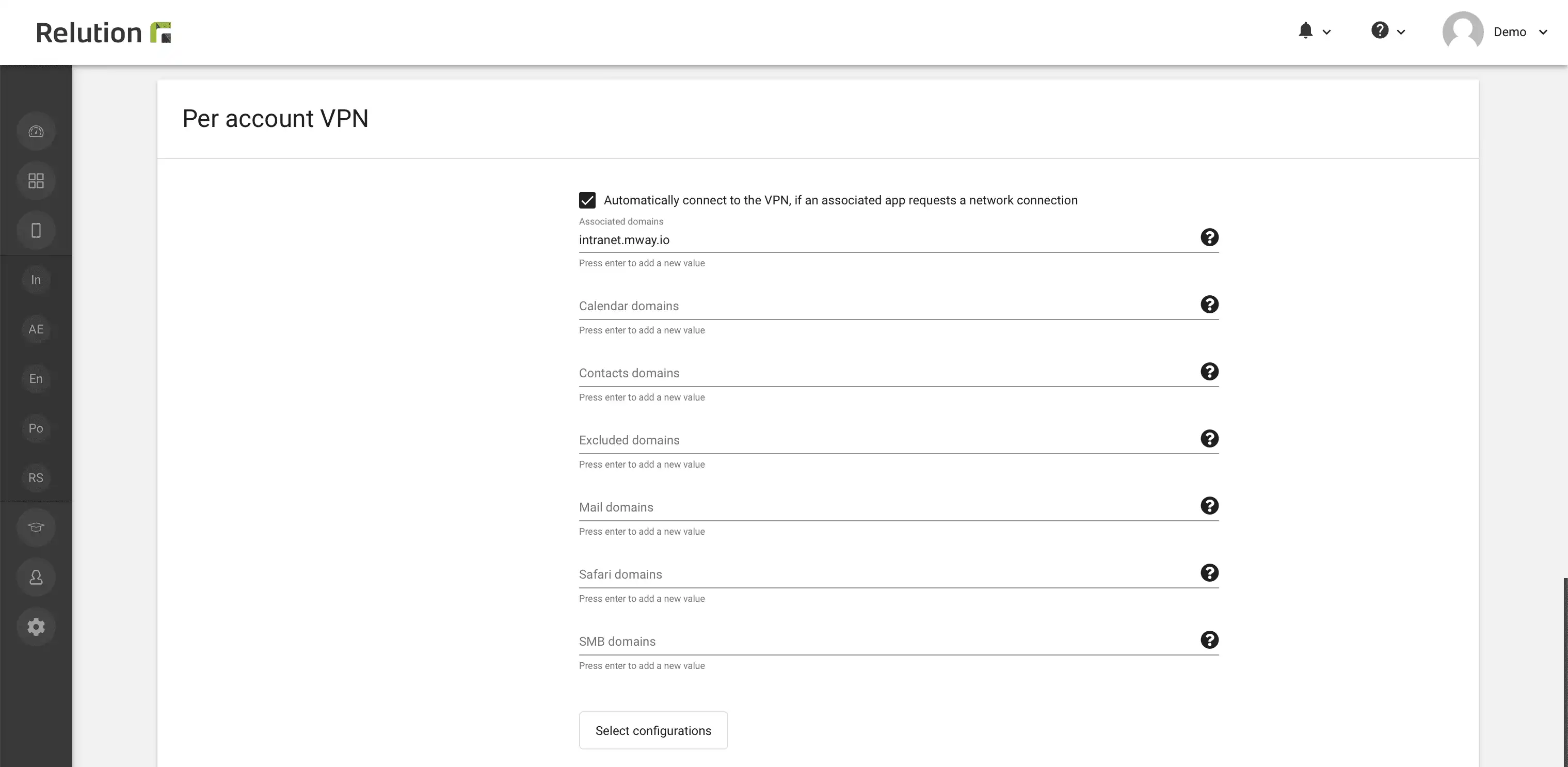 Maschera di input nella configurazione VPN di Relution per l'inserimento di domini definiti per connessioni automatiche sui dispositivi iOS