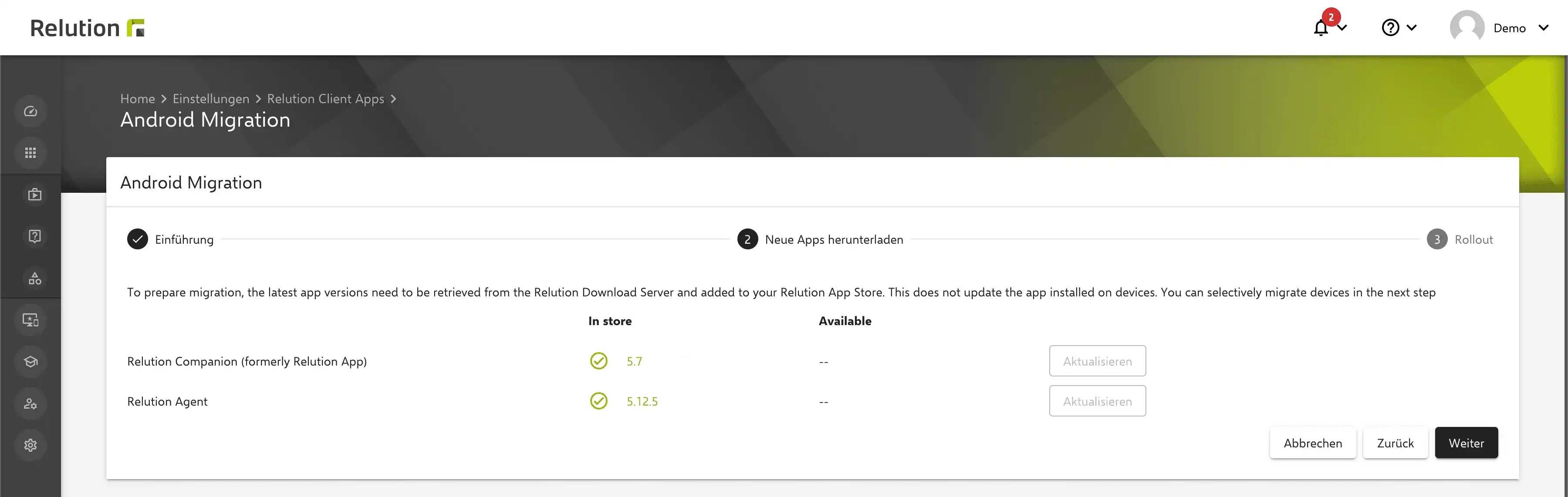 Schritt im Relution Client mit dem Hinweis, dass die neueste App-Version über den Relution Download Server heruntergeladen werden muss