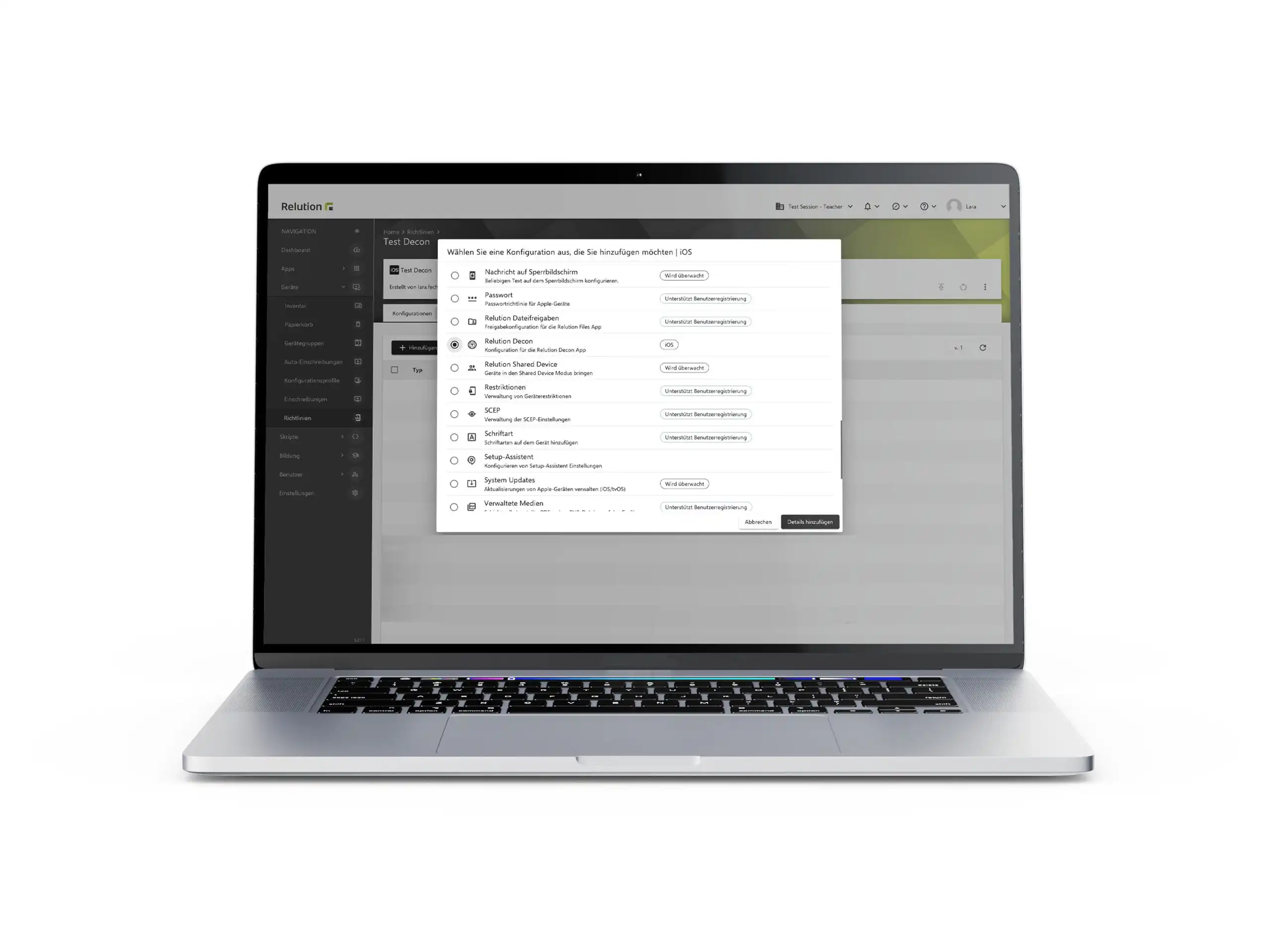 Screenshot della sezione « Politiche » in Relution dove viene aggiunta una configurazione e l’opzione « Relution Decon » è esplicitamente selezionata