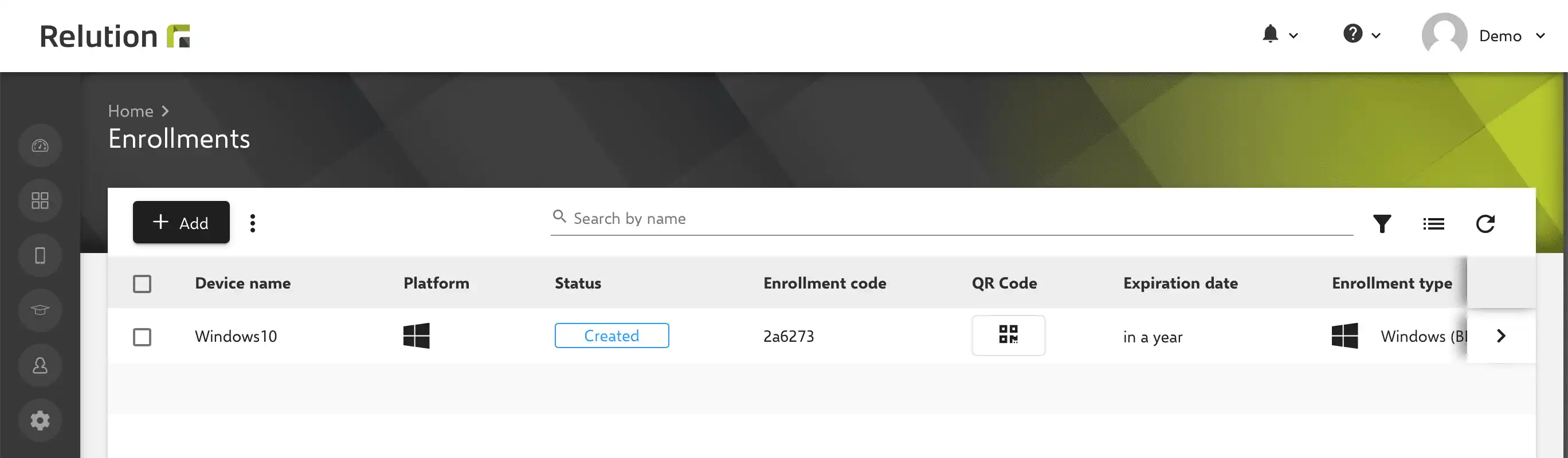 Backend di Relution che visualizza il codice di registrazione generato, utilizzato nel passo successivo per creare il pacchetto di provisioning con lo strumento WCD