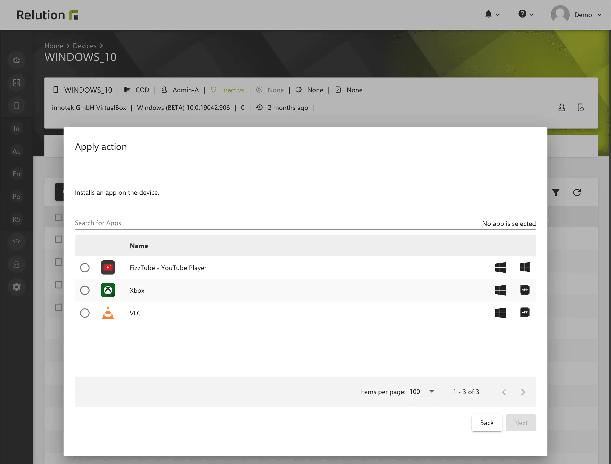 "Apply action" in Relution with selection of imported Windows apps from the Relution App Store