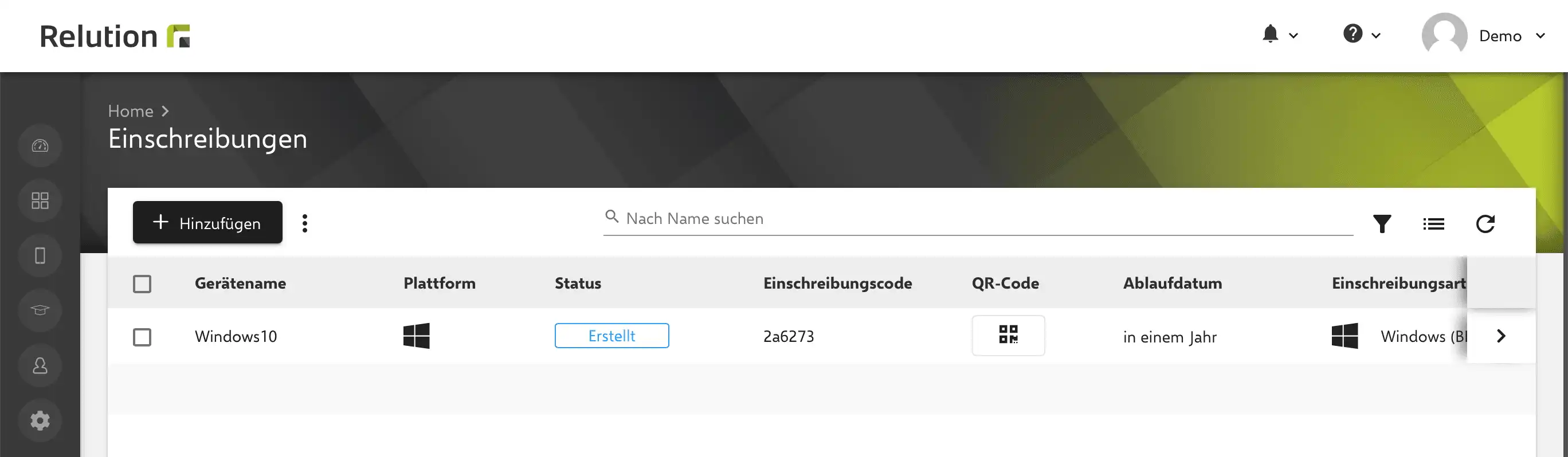 Relution-Backend mit der Anzeige des generierten Einschreibungscodes, der im weiteren Prozess für die Erstellung des Bereitstellungspakets im WCD-Tool verwendet wird
