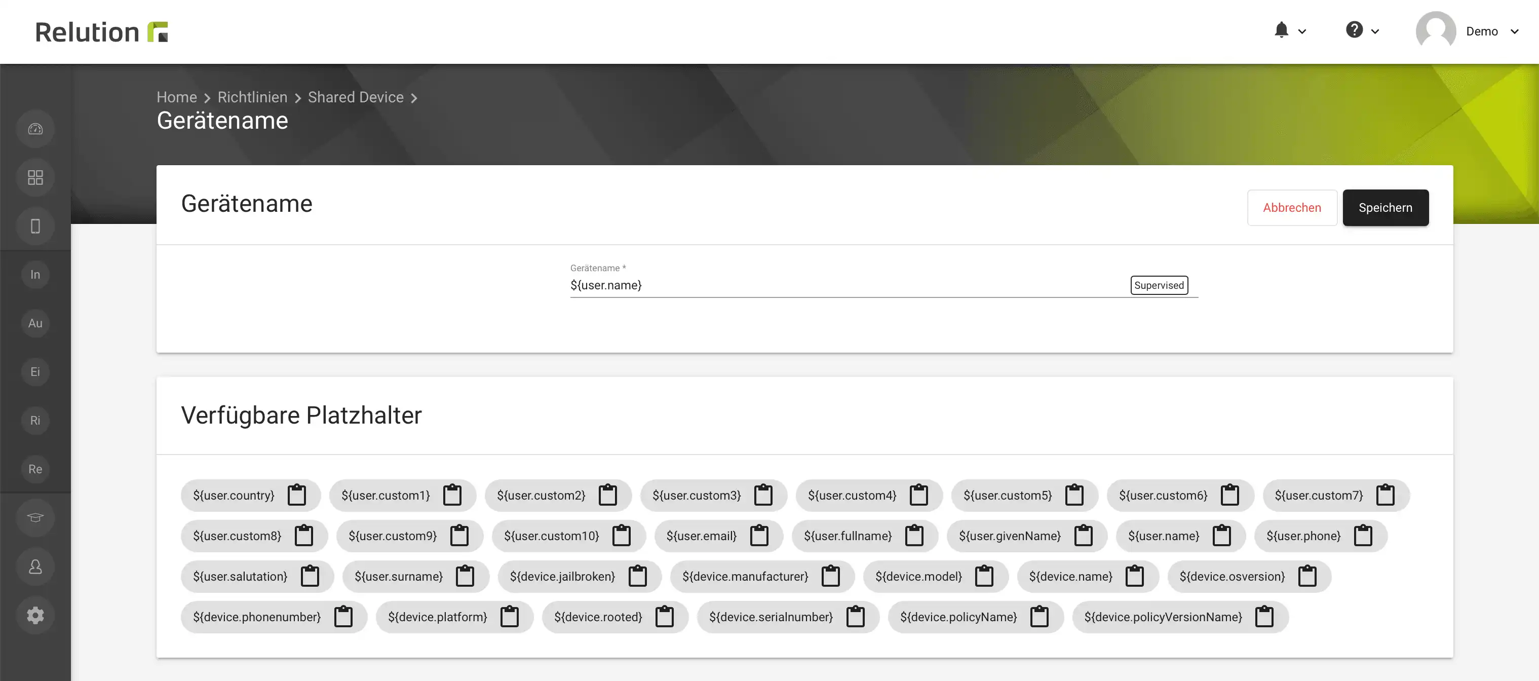Richtlinienkonfiguration in Relution zur dynamischen Anpassung von Gerätenamen für iOS, macOS und tvOS supervised Geräte mit Platzhalteroptionen