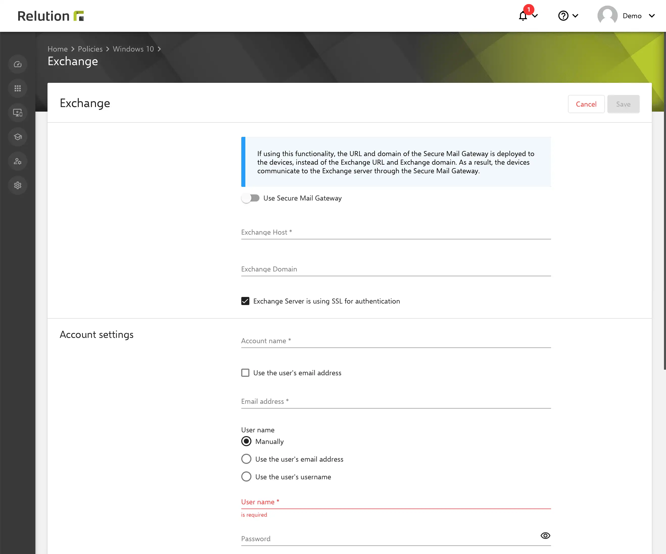 Distribuzione degli account Exchange in Relution con impostazioni preconfigurate, richiedendo l'inserimento delle password personali direttamente sul dispositivo Windows