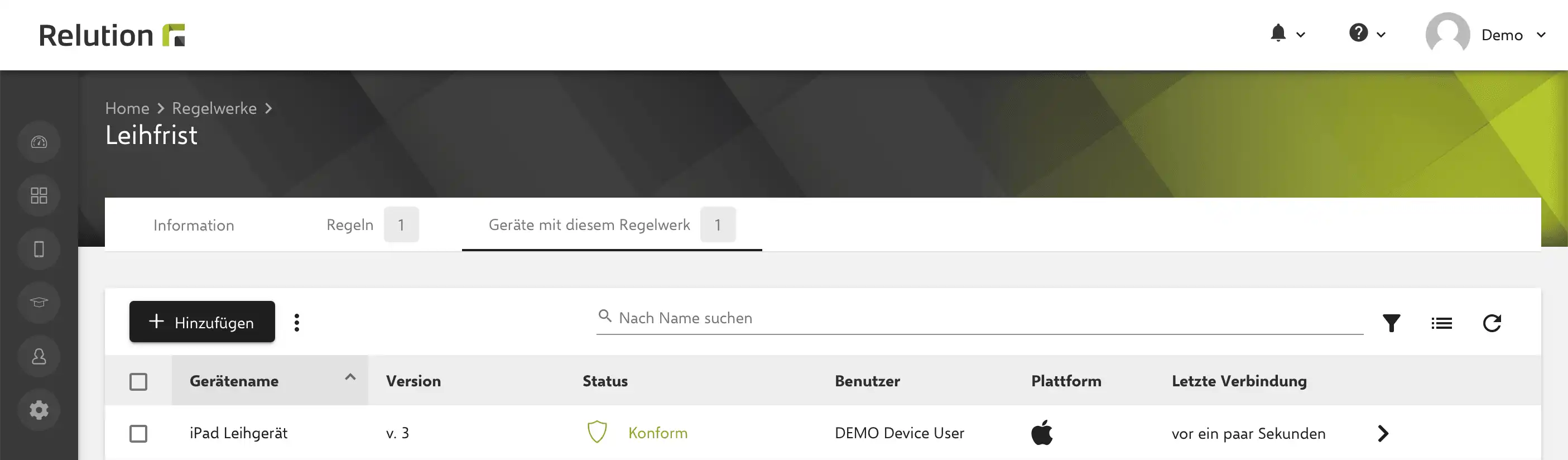 Darstellung in der Relution App, bei der ein konkretes Leihgerät einem Regelwerk zu Ausleihfristen zugeordnet ist