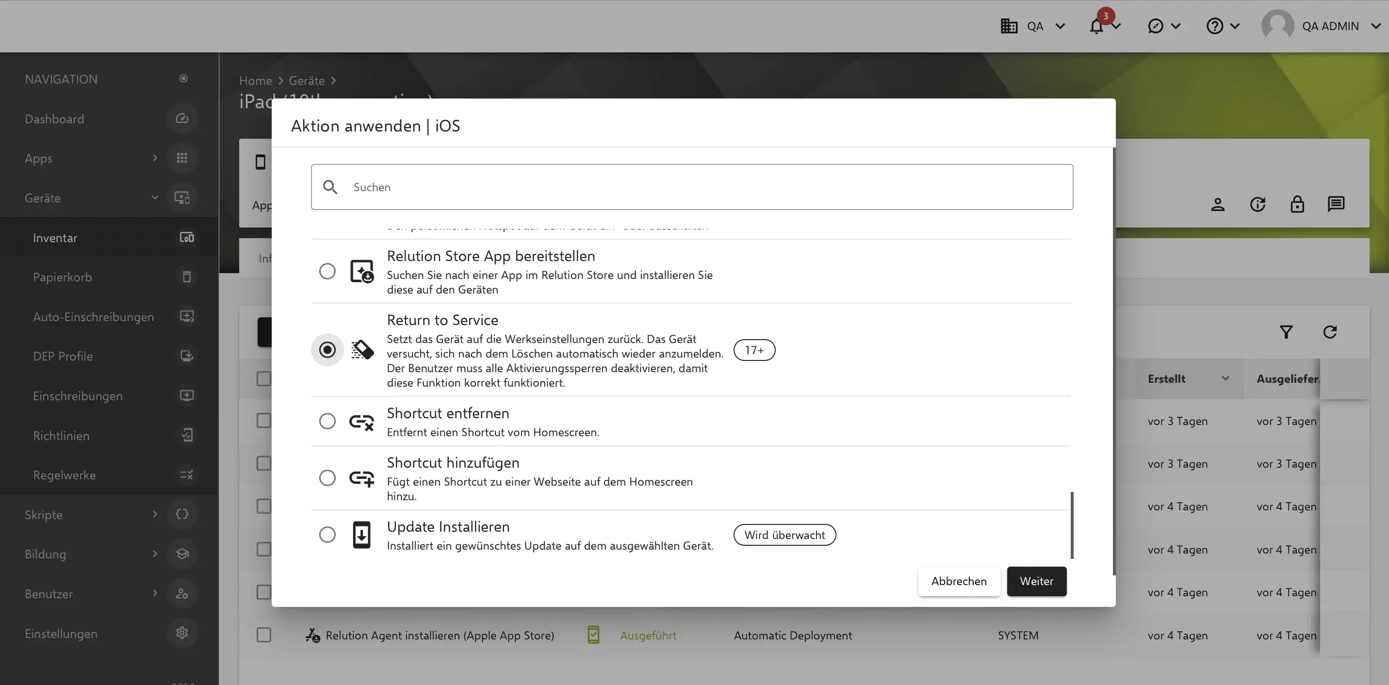 Aktion „Return to Service“ in Relution zum automatisierten Einschreiben von Geräten nach Zurücksetzen auf Werkszustand