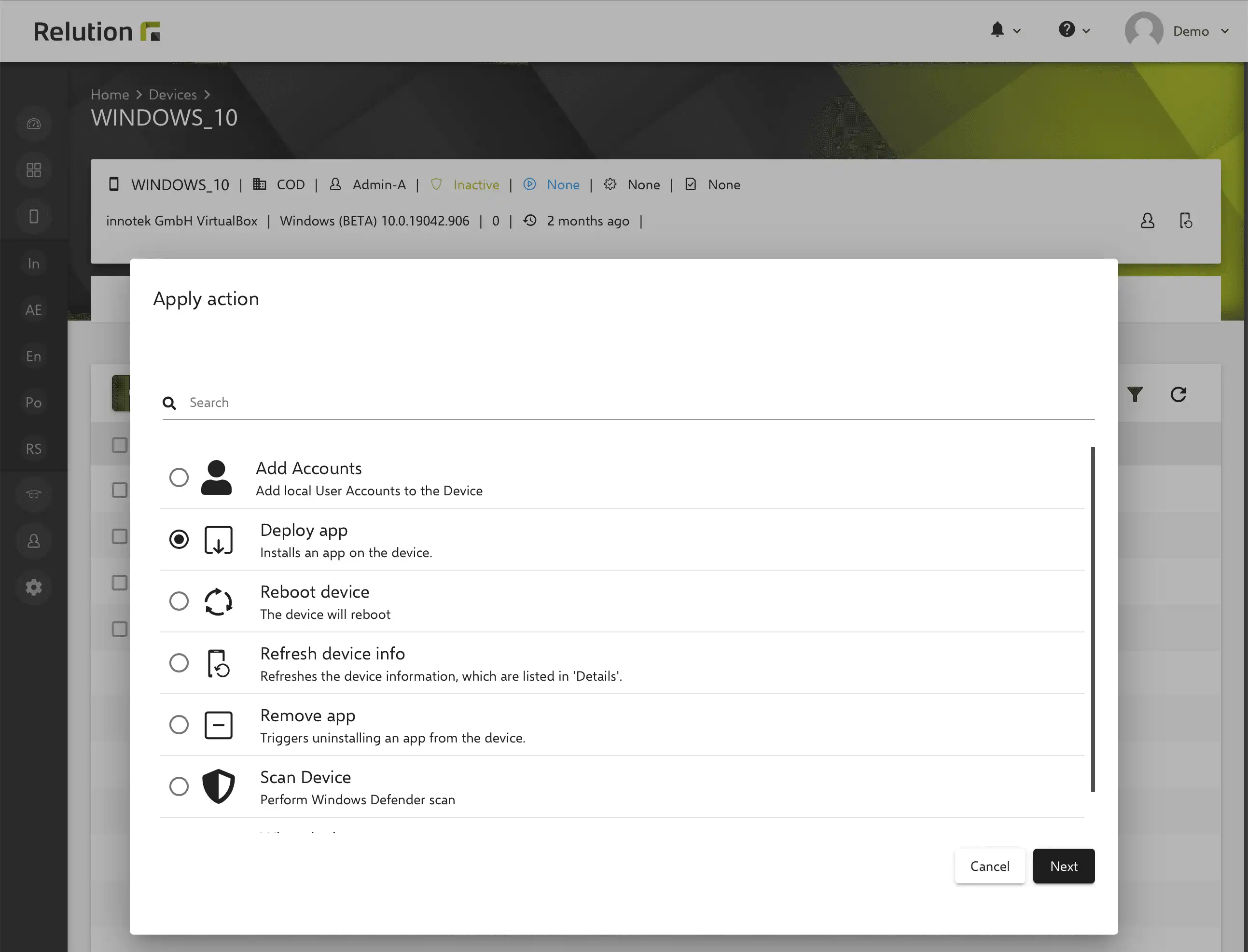 Actions in Relution for installing native apps and public apps from the Windows Store on specific Windows 10/11 devices