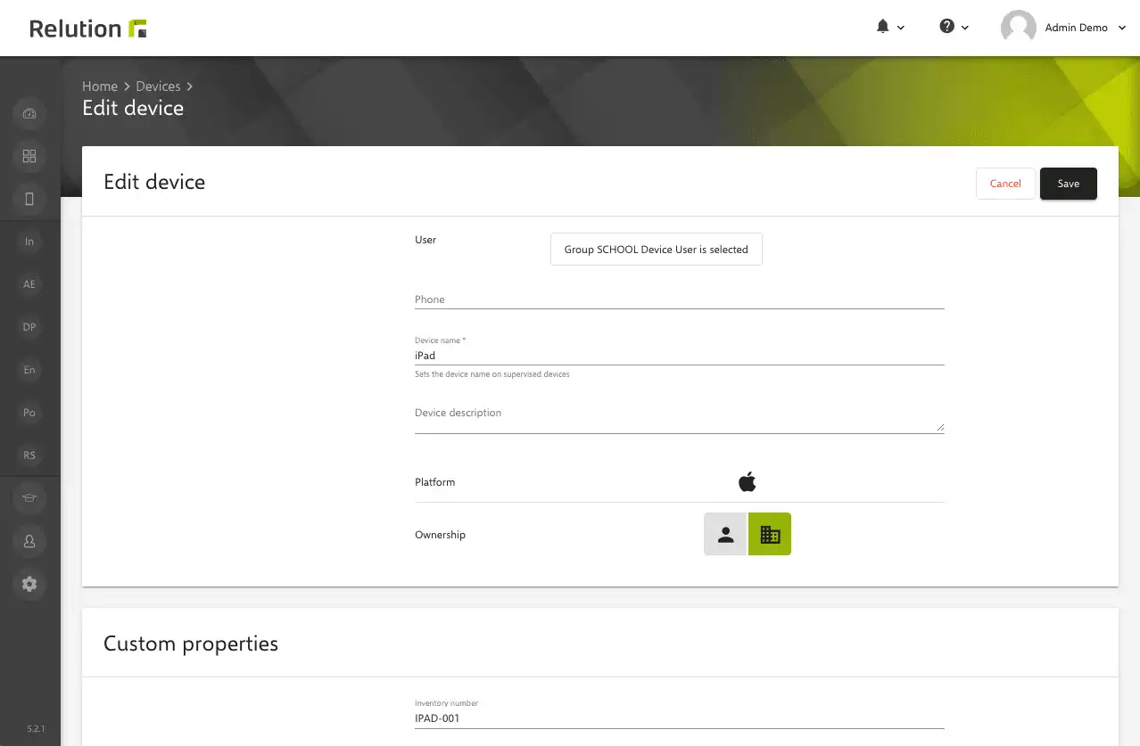 "Update Device Information" section in Relution with input fields for device name, platform, and custom attributes like inventory number