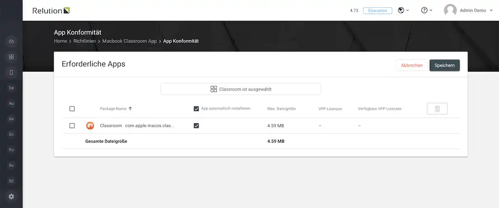 Relution-Oberfläche mit der Konfiguration „App Konformität“ in einer Richtlinie, über die macOS-Apps auf Lehrergeräte verteilt werden können