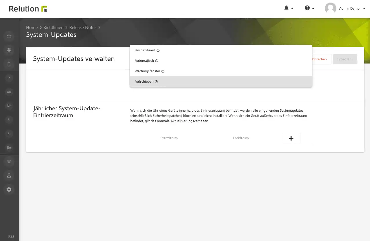 Konfigurationsübersicht „System-Updates verwalten“ in Relution zur Einstellung der Update-Optionen für Android Enterprise Geräte, wie automatisches Update, Wartungsfenster oder Verzögerung