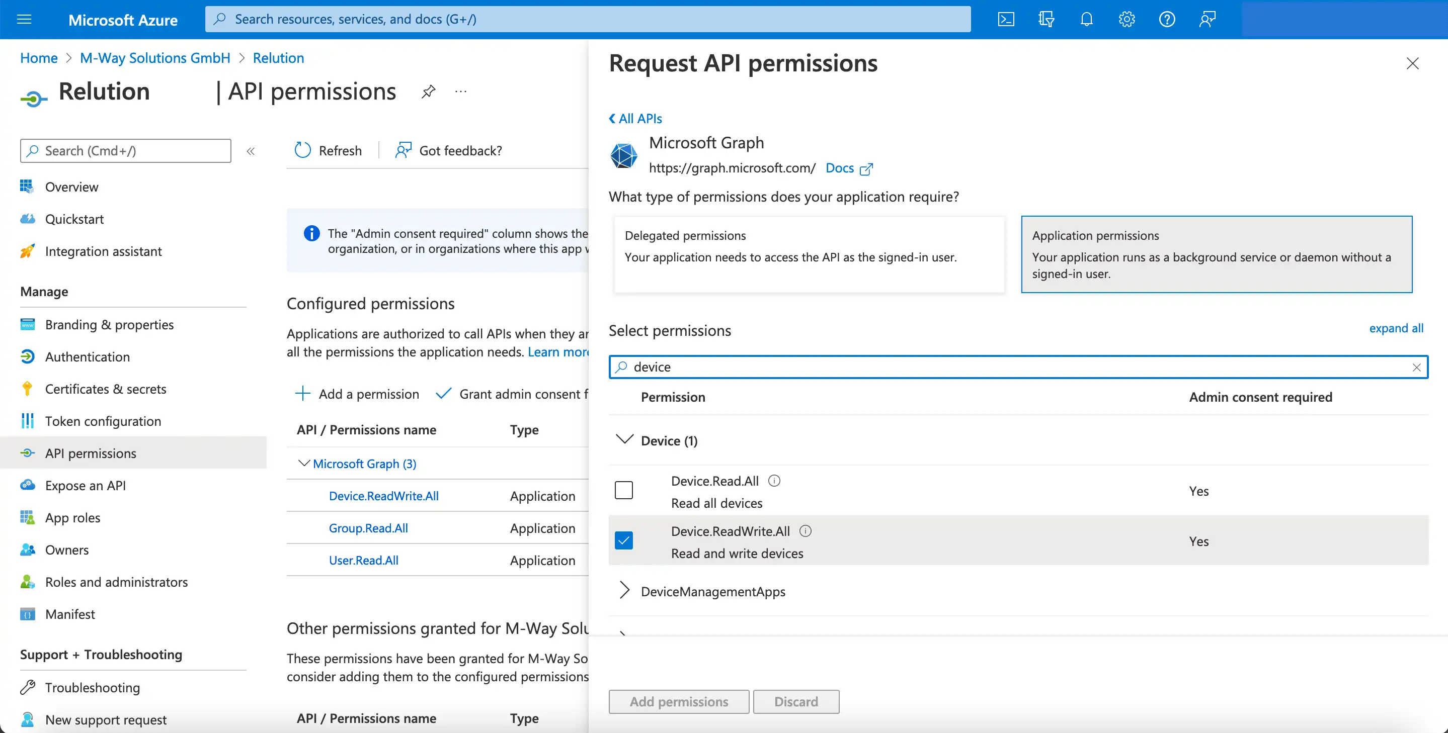 Área de configuración en Microsoft Azure con la selección de « Device.ReadWrite.All » bajo « Device » y confirmación mediante « Agregar permisos »